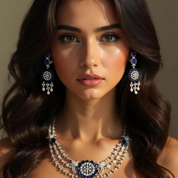 Premium  Blue And White American Diamond  3 layer look  Bridal Necklace Set with Earrings