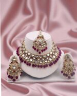 Sailaa Kundan Bridal Jewellery Set with Wine – Necklace, Earrings & Maang Tikka