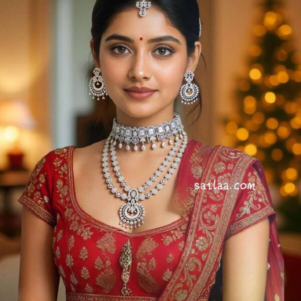 Saaila Premium AD Bridal Jewellery Set – Choker, Two Layer Short Necklace, Earrings & Tikka – Sparkling Wedding Collection