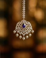 Sailaa Elegant American Diamond Bridal Tikka with Blue Stone & Pearl Drops
