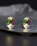 Sailaa Artistic Mask Design Stud Earrings | Dual Tone Red & Green Enamel Fashion Jewellery