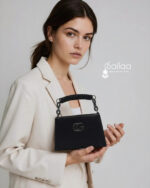 Luxury Black Embossed Leather Handbag with Silver Logo - Image 2