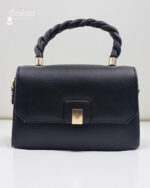 Braided-Handle Black Pebbled Leather Handbag - Image 3