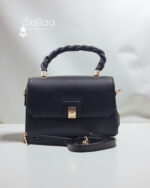Braided-Handle Black Pebbled Leather Handbag