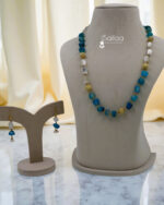 Elegant Blue & White Beaded Mala Set with Golden Accents